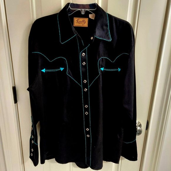 Vintage Scully Gunfighter Men's Western Button Down black w/teal piping. - Picture 2 of 7